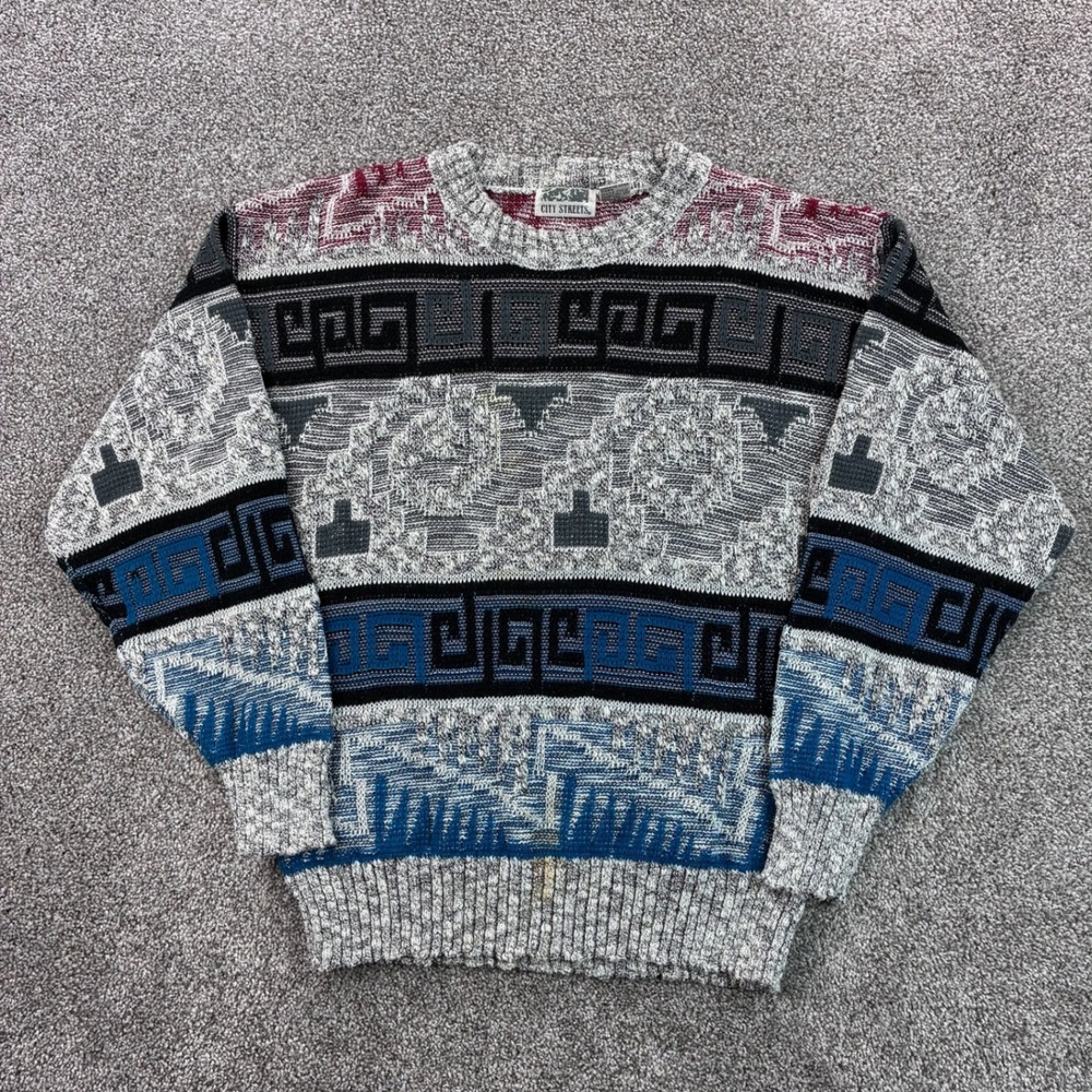 Vintage City Streets Sweater Mens L Gray Geometric Acrylic Blend Knit Abstract